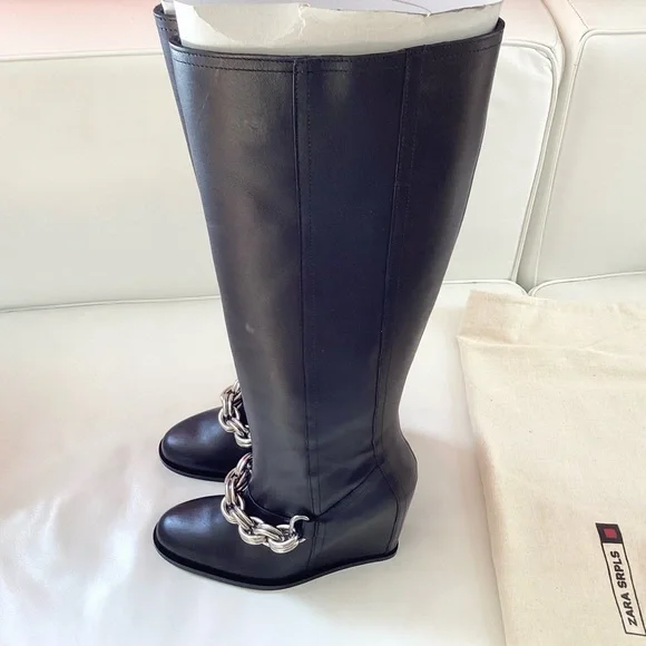 Zara Long Black Leather Wedge Silver Metal Chain Boots SZ 6 - Picture 10 of 14